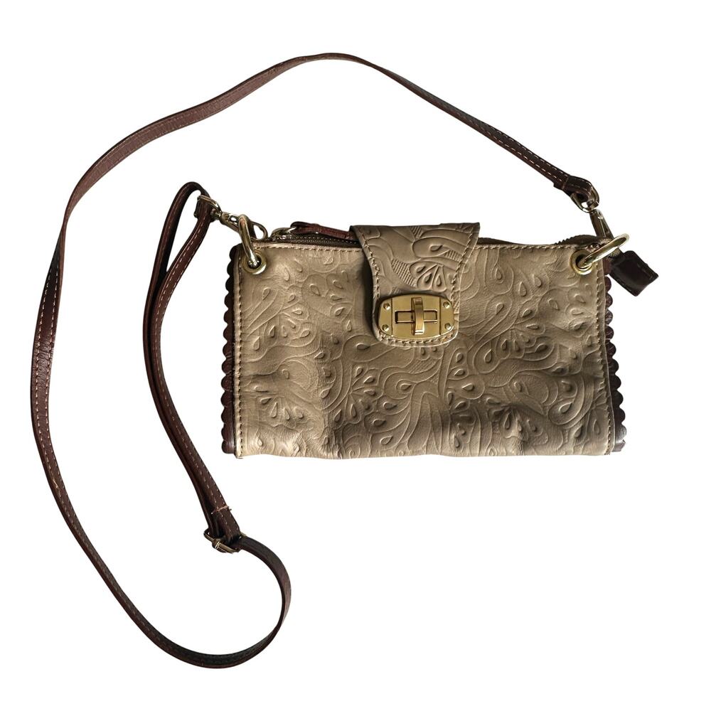 Italian Embossed Leather Crossbody Bag Womens Tan Turnlock Purse Made in Italy